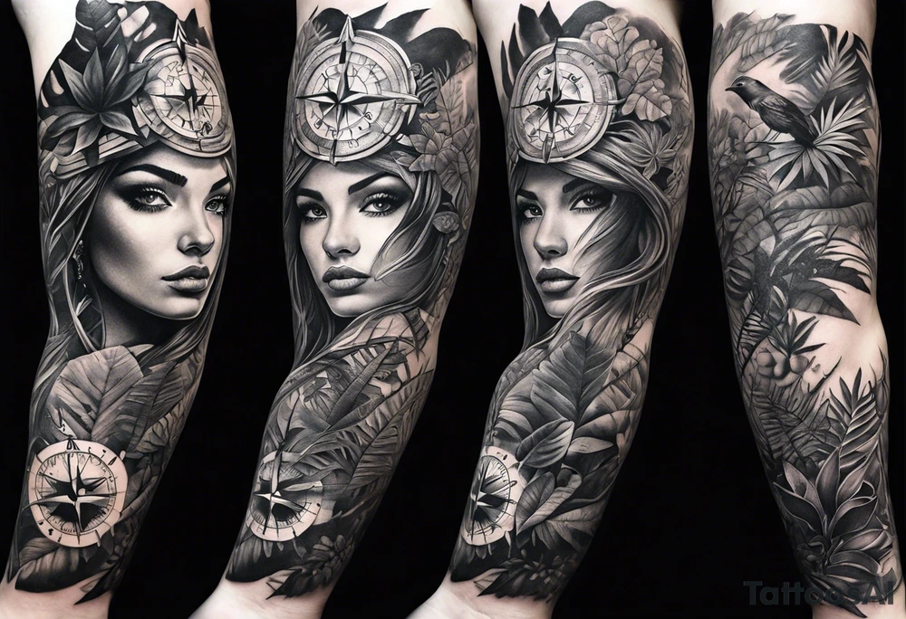 full sleeve tattoo with jungle plants, compass with eye tattoo idea