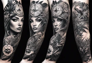 full sleeve tattoo with jungle plants, compass with eye tattoo idea