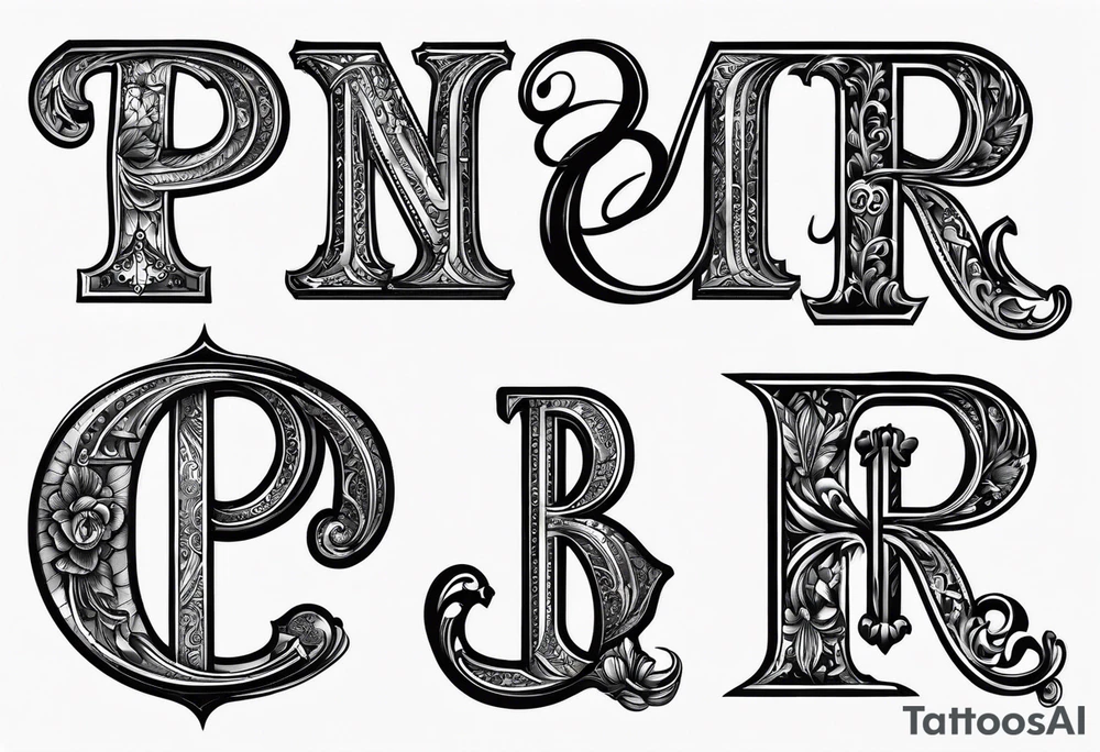 Ring finger attoo with the letters P, B, R, M.  No artwork besides the letters tattoo idea