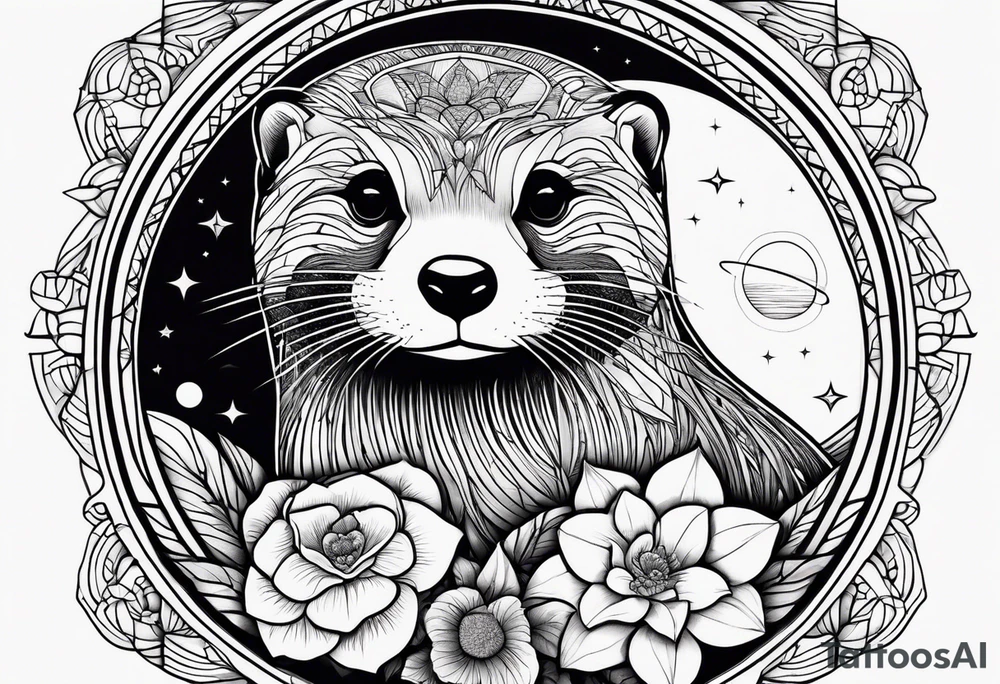 loutre sauvage avec en arriere plan une fleur de vie et des planets qui tourne autour tattoo idea