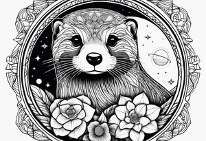 loutre sauvage avec en arriere plan une fleur de vie et des planets qui tourne autour tattoo idea