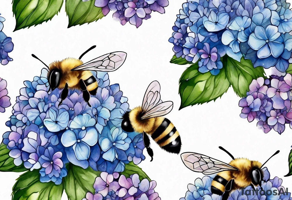 Small tattoo. There’s a hydrangea and a bee but they are not touching. Make the bee smaller than the hydrangea and have the bee off to the side. tattoo idea