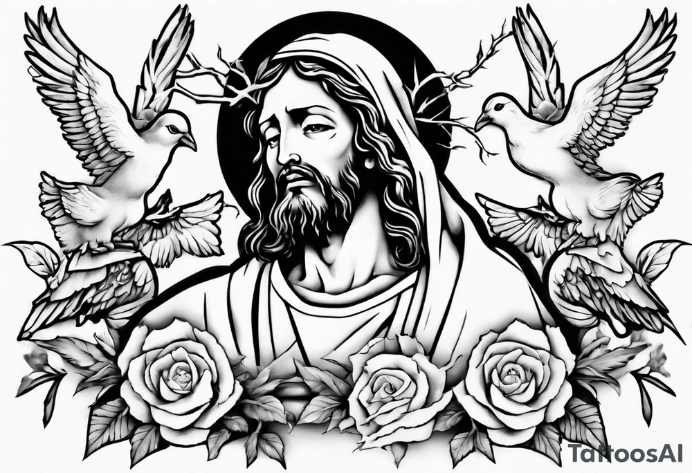 Jesus with thorns and crying, doves, lambs, tattoo idea