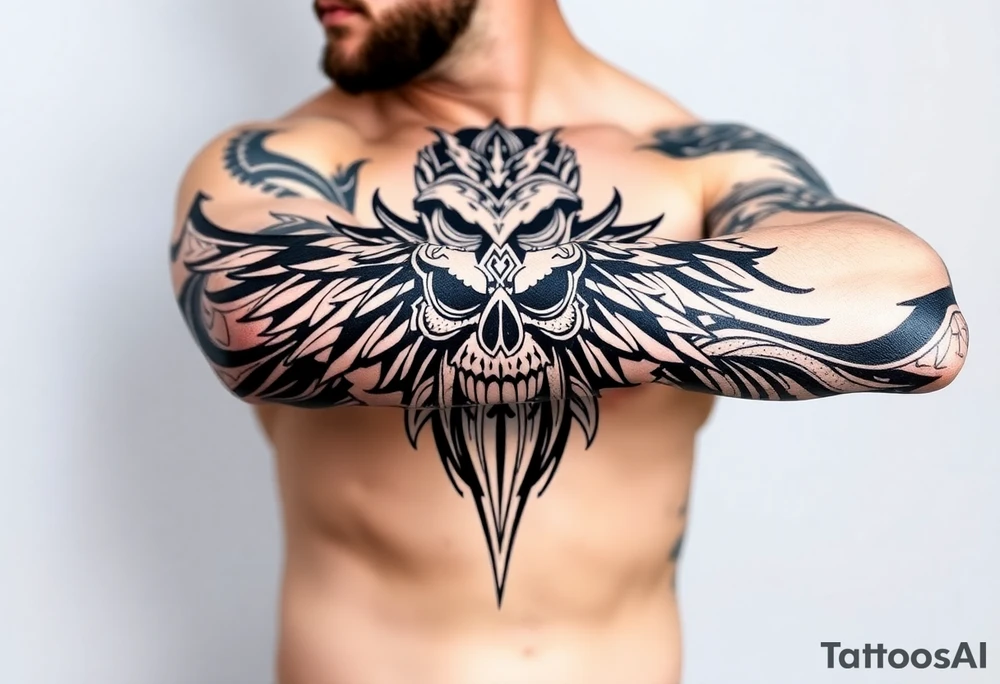 Bray Wyatt The Fiend top center piece of sleeve with Polynesian tribal design surrounding covering up old tattoo tattoo idea