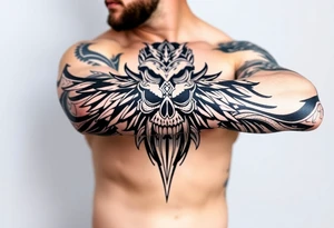 Bray Wyatt The Fiend top center piece of sleeve with Polynesian tribal design surrounding covering up old tattoo tattoo idea