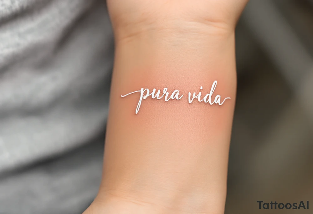 “Pura Vida” in white ink across a tan skin tone, with subtle shadowing for a sun-kissed effect. tattoo idea