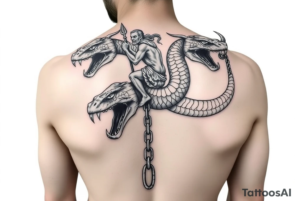A 2 headed snake with over sized teeth and a weird guy on the back riding the snake holding to the devils trident in 1 hand and the other hand holding a chain that’s around the 2 heads of the snakes neck hanging on as if his life dependent on it tattoo idea