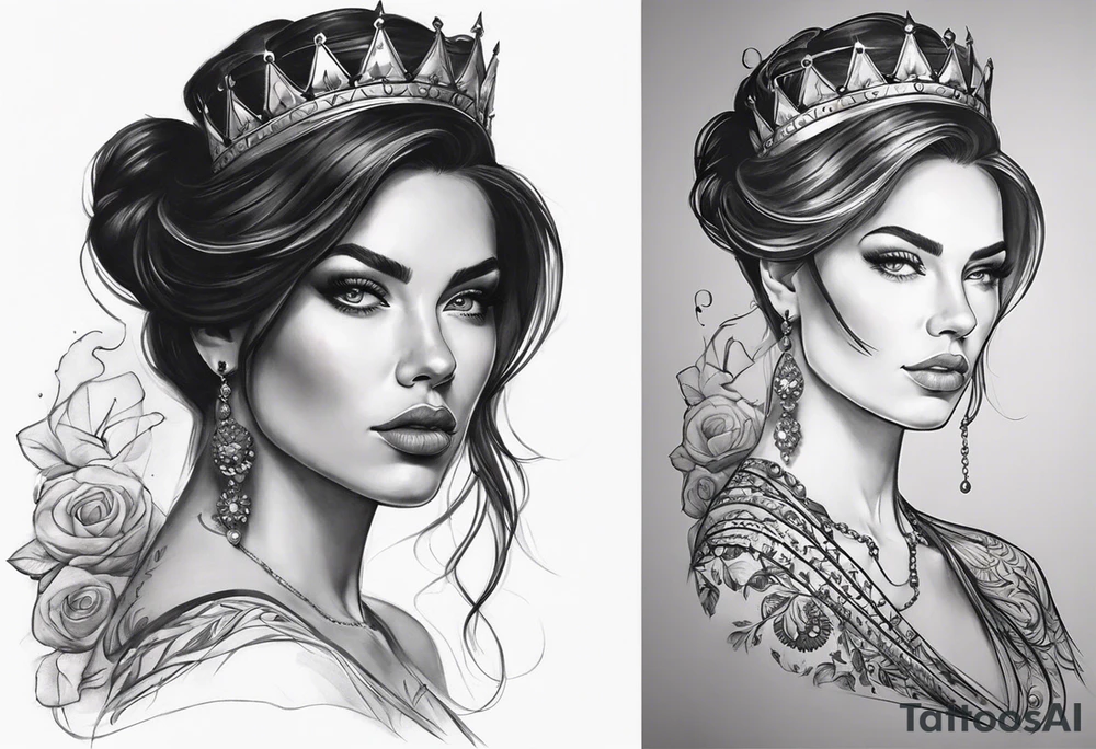 A white woman with dark hair and features. She will be posing sideways portrait style but looking head on. She needs to embody a modern queen. . And the outside of the tattoo can fade away with smoke. It’s for my outer shoulder so it’s about 20x7cm tattoo idea
