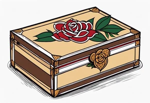 An sailor Jerry style tattoo of a vintage cigar box with one lit cigar and one flower on top tattoo idea