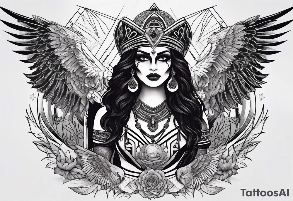 black kali, goddess pirate, alien, pachamama, valkrye, warrior, skull, lotus azul, wing, eagle, zenza resonance, stars, 5D, anahata chakra tattoo idea