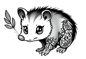 Cute cartoon opossum with anime style eyes, black detailed leg tattoo tattoo idea