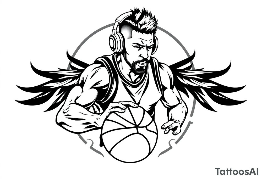 A guy dribbling a basketball with headphones on tattoo idea