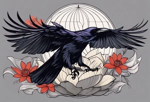 A sleeve with a a Raven A white Lotus 1990 and something showing change with the Raven tattoo idea