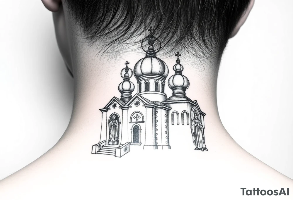 medium sized Russian orthodox church with bulb domes with a prominent russian orthodox style virgin mary stood outside to the left tattoo idea