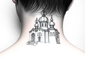 medium sized Russian orthodox church with bulb domes with a prominent russian orthodox style virgin mary stood outside to the left tattoo idea