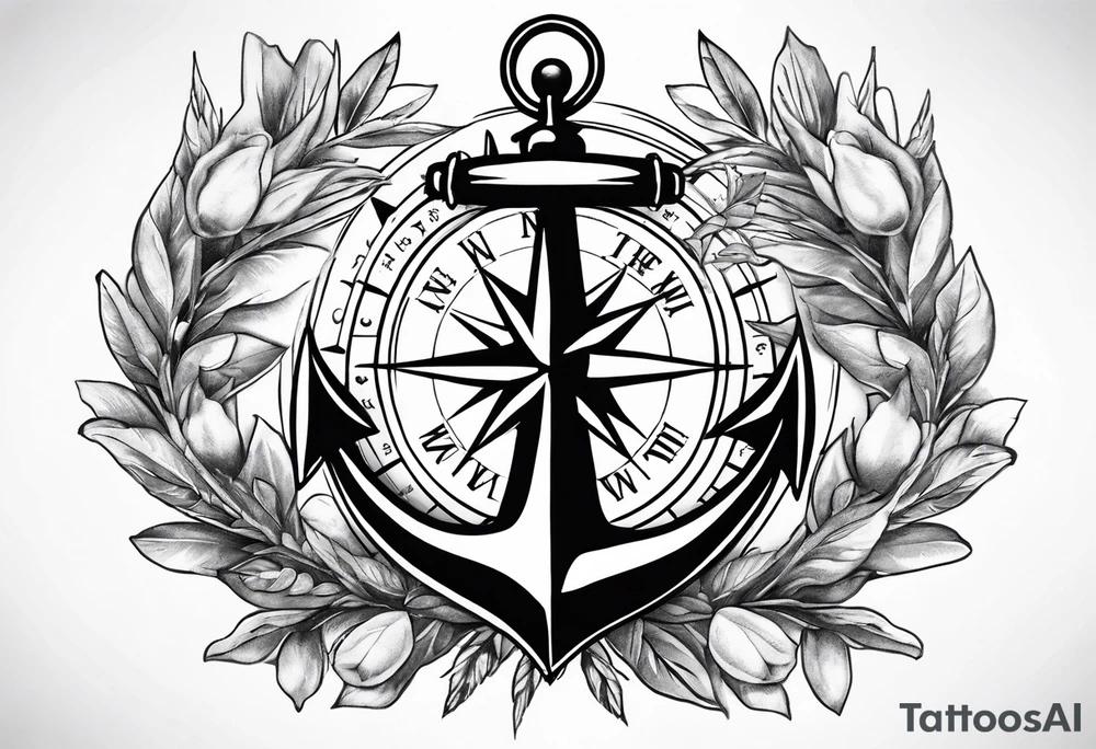 A selucid style anchor in front of a compass and a olive branch wreathe wrapped around the compass tattoo idea