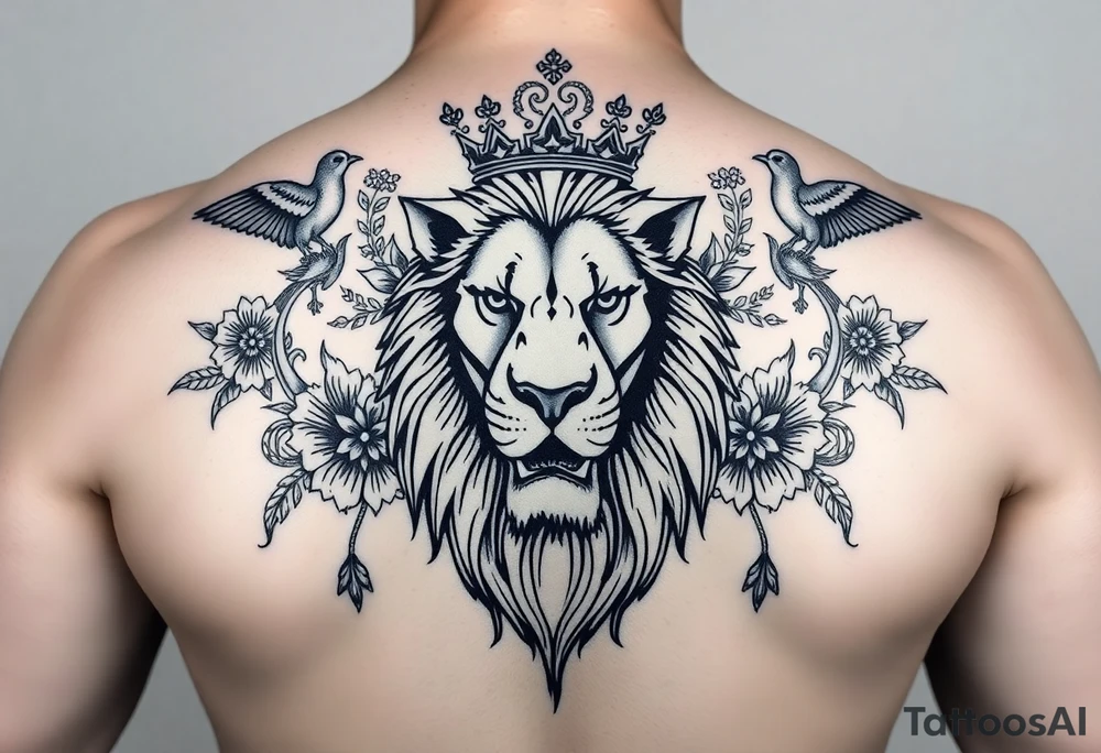 powerful majestic lion with a crown, surrounded by floral ornaments and birds tattoo idea
