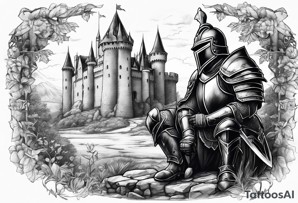 Wounded knight on his two knees in front of castle tattoo idea