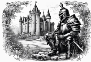 Wounded knight on his two knees in front of castle tattoo idea