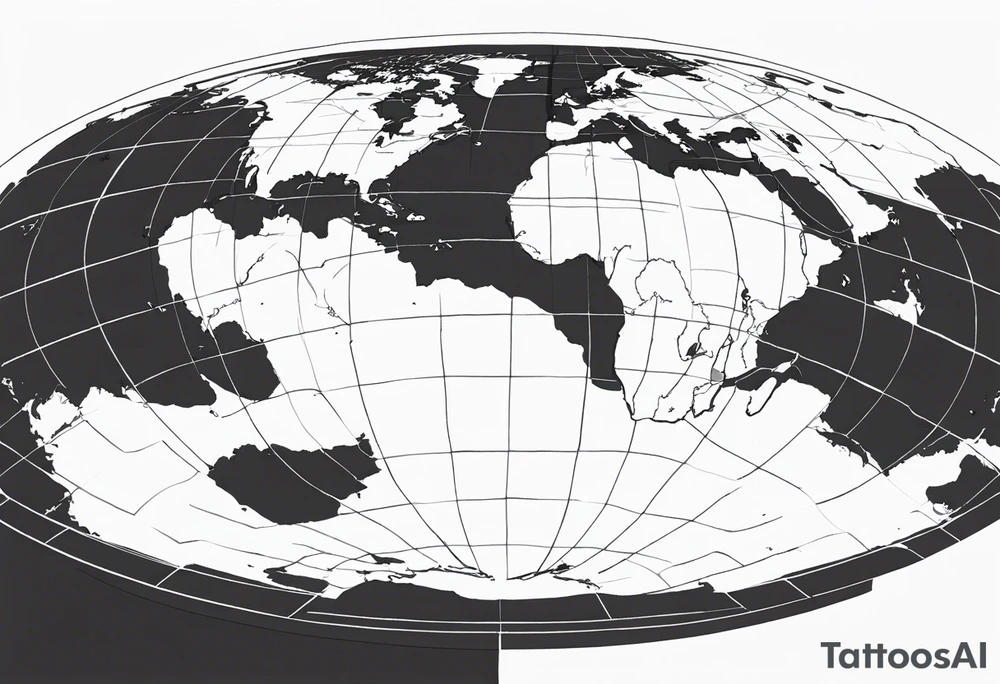 the earth on a flat map with no shading placed on a grid with only the lines with accurate depictions of the borders in countries while having it in an oval/circular position on a grid without any borders on the sides while having the countries not have such bold borders tattoo idea