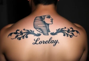 Crea un diseño significativo sobre la cultura egipcia y que tenga el nombre escrito por de bajo del diseño el nombre de mi hermana Lorelay para la parte baja del bíceps tattoo idea