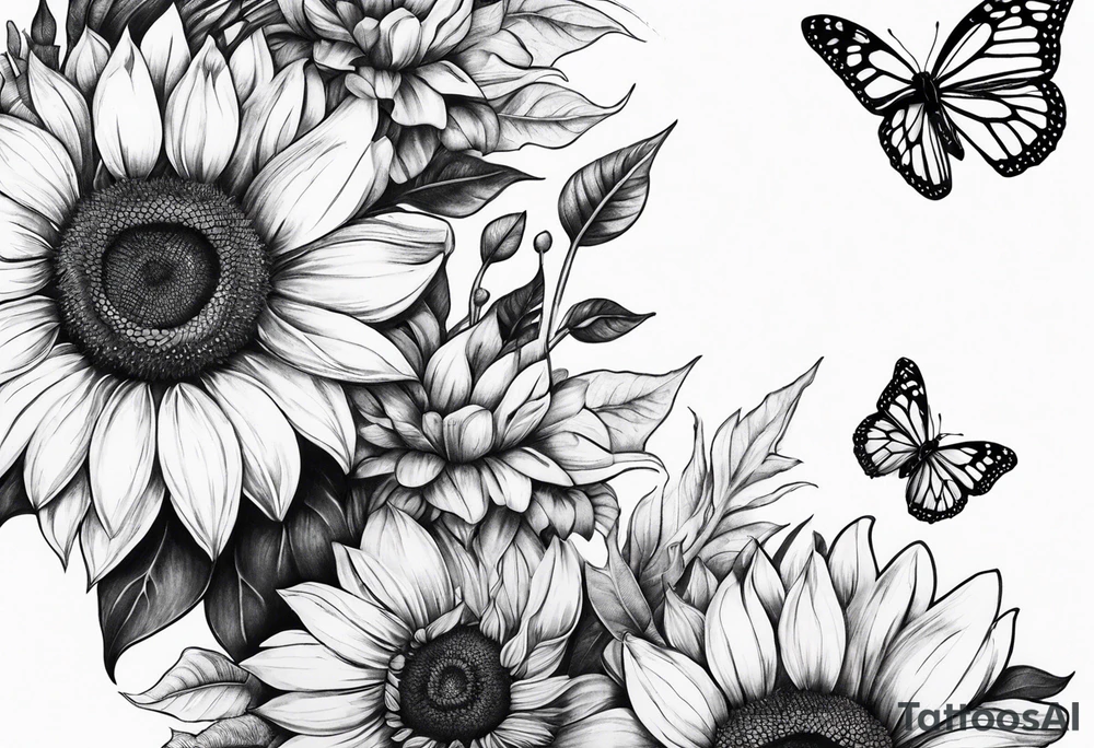 Leg sleeve with sunflowers and butterflies tattoo idea