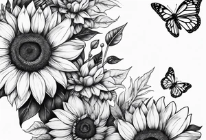 Leg sleeve with sunflowers and butterflies tattoo idea