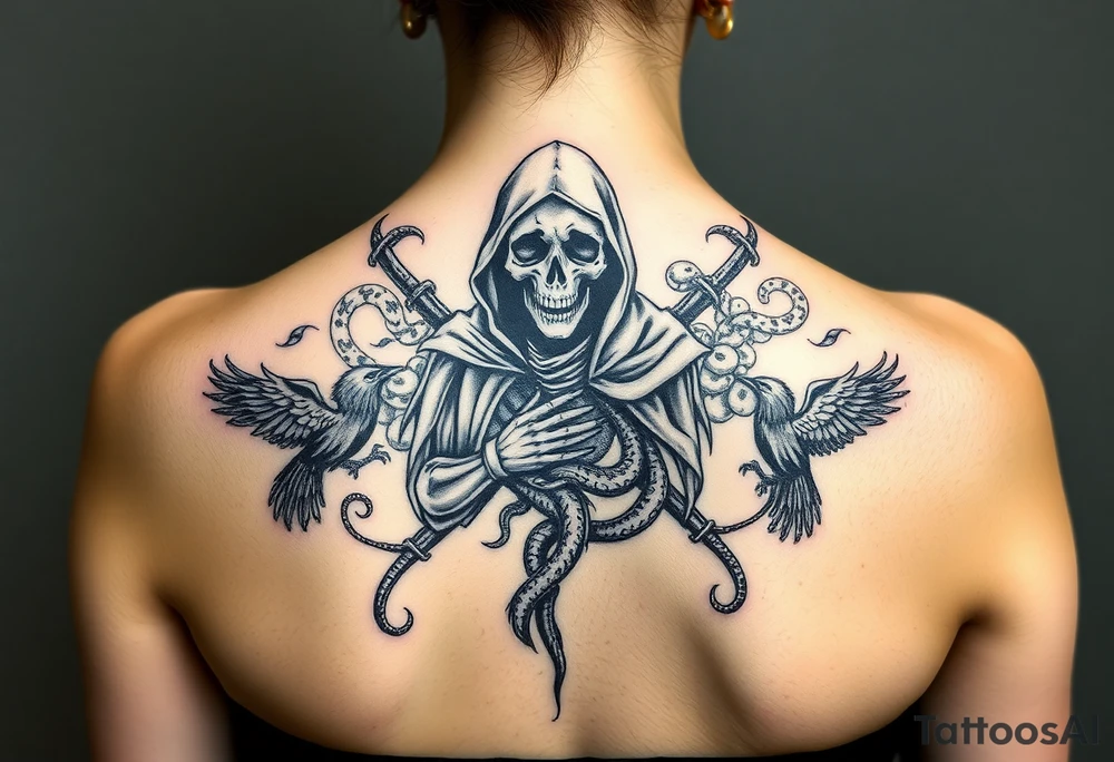 Grim reaper on the middle (big) crows and snakes ans smoke around that tattoo idea