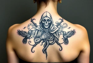 Grim reaper on the middle (big) crows and snakes ans smoke around that tattoo idea