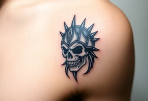 A skull crowned with a spiked helmet, surrounded by a dark aura, in shades of grey and silver, symbolizing strength and defiance tattoo idea