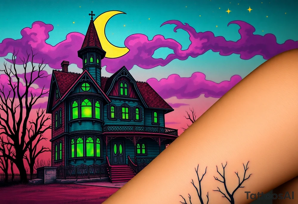 Tim Burton’s haunted victorian home is abandoned and dripping with muted reds, dusty pinks, and eerie green glow.purple and cyan smokey clouds swirl in the crescent moonlit sky thats sprinkled with stars tattoo idea tattoo idea