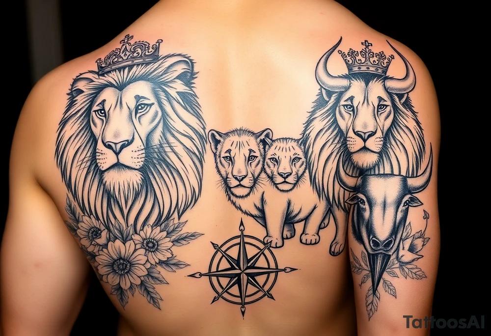 powerful majestic lion family - lionsfather with a crown, a loosnmother and a lions boy and a strong lions babygirl - surrounded by floral ornaments and birds and a compass! Include the name „Jennifer“ with the date 08.04.2022 in kursiv letters. include also a spanish osbourne bull - the tattoo idea is for the whole right arm tattoo idea