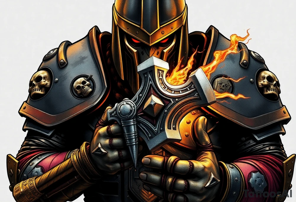 Warhammer, the Old World. A warrior priest of Sigmar holding The Warhammer of Sigmar. The Warhammer of Sigmar is radiating thunderous energy. The Warhammer is held by the warrior priest with both hands at the shaft with a firm grip, upon his chest level. The Warrior priest is wearing dark alloyed heavy armour (reference armor from warhammer vermintide 2 Victor Saltzpyres, the warrior priest of Sigmar class) with skull sigils on his shoulder pads. The warrior priest is wearing a helmet, while the helmets front visor has an humanoid metal face covering. The helmet and armour are gladened with hints of gold and crimson red. The Warhammer is silverish and golden with a long shaft with twisted carvings. tattoo idea