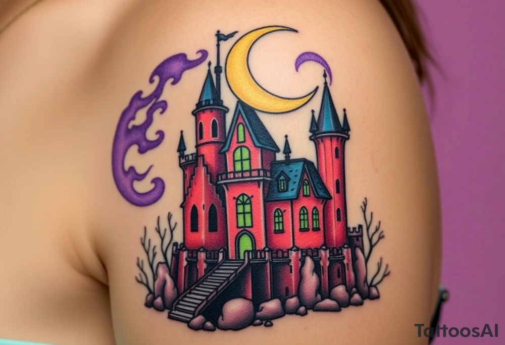 Tim Burton’s disney sleeping beauty’s haunted castle is abandoned and dripping with muted reds, dusty pinks, and eerie green glow.purple and cyan smokey clouds swirl in the crescent moonlit sky thats sprinkled with stars tattoo idea tattoo idea