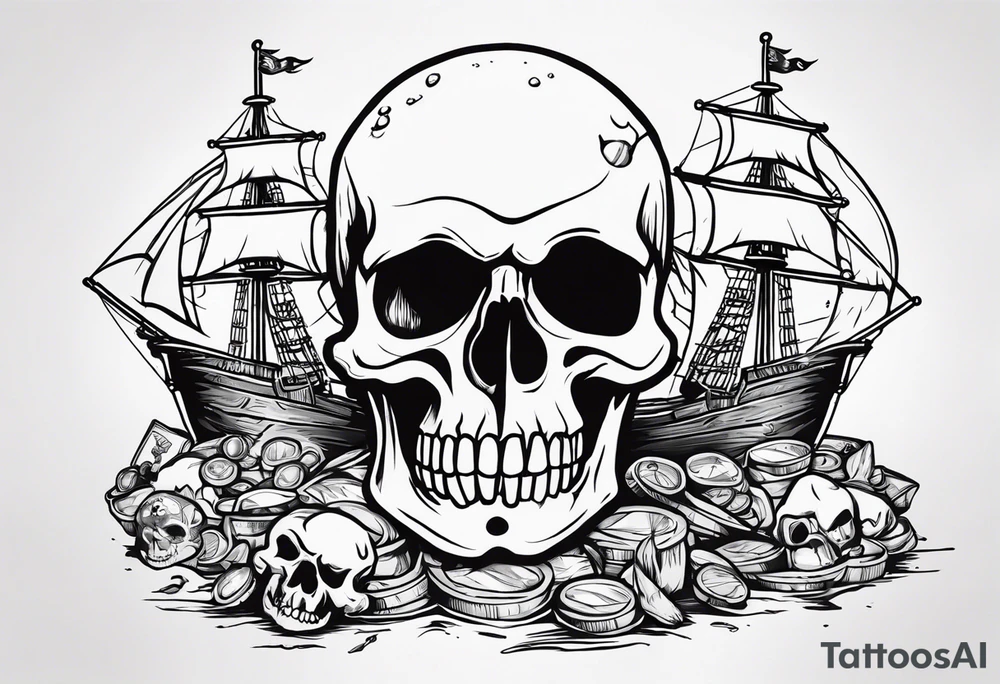 goonies pile of treasure with one eyed willy pirate skull on top tattoo idea