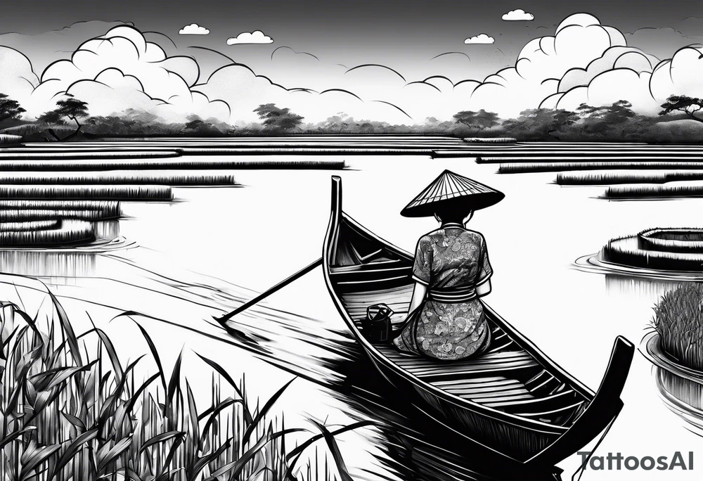 vietnamese lady on boat rice fields water sunset home clouds lanterns tattoo idea