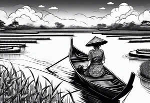 vietnamese lady on boat rice fields water sunset home clouds lanterns tattoo idea