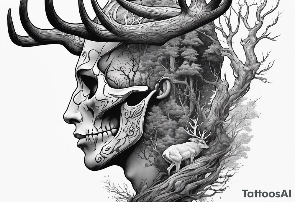 A side profile of a human with a deer skull head, fire and trees tattoo idea