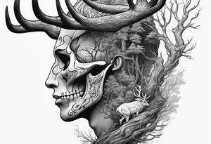 A side profile of a human with a deer skull head, fire and trees tattoo idea