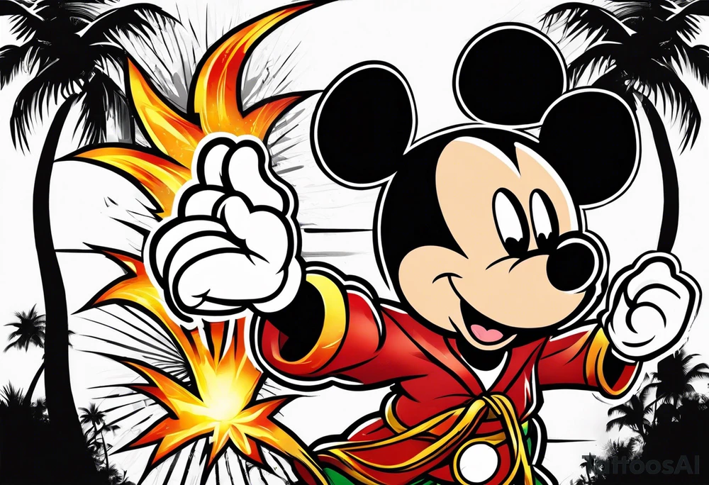 mickey mouse holding lightning with palm trees doing martial arts tattoo idea