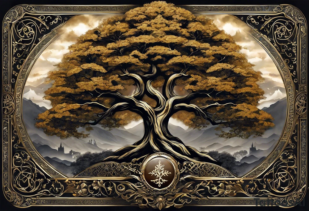 The tattoo should have a family tree where the date of birth of my children can be seen. There are supposed to be several swords over this family tree like the Damaglos, which is supposed to show attacks on my family. A symbol that shows the protection and strength of us would also be good. The death of my mother in 2018 should also be found tattoo idea