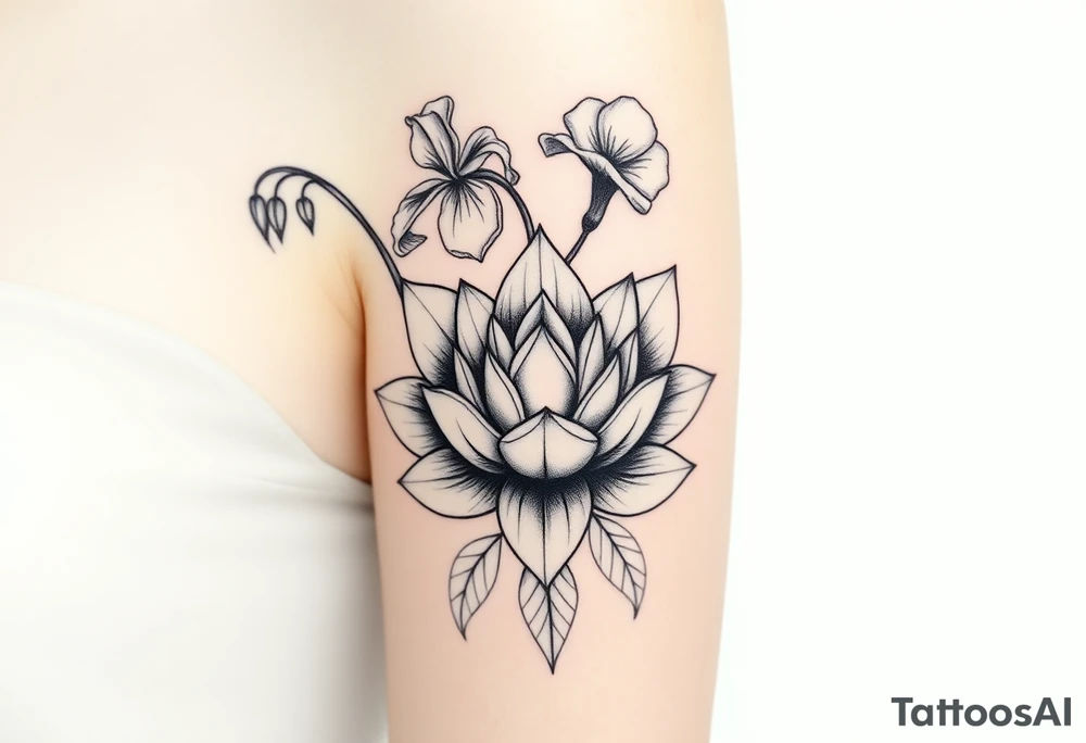 Geometric lotus surrounded by Lilly of the valley on left side iris above and morning glory flowers to the right. tattoo idea