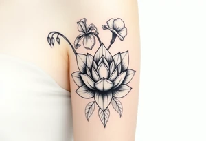 Geometric lotus surrounded by Lilly of the valley on left side iris above and morning glory flowers to the right. tattoo idea