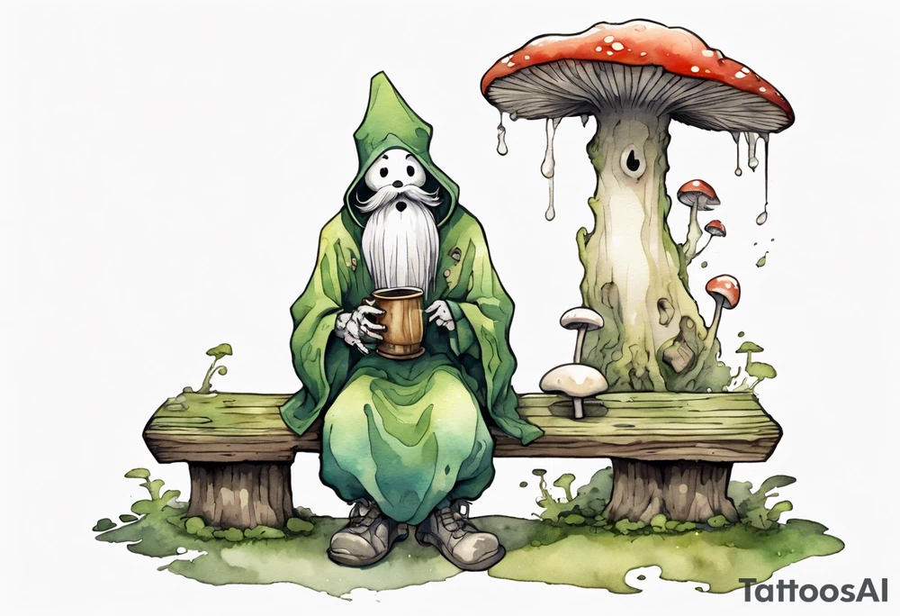 a kodama wearing a mushroom hat and a mossy beard and a medieval tunic drinking from a wood cup, sitting on a bench laughing tattoo idea
