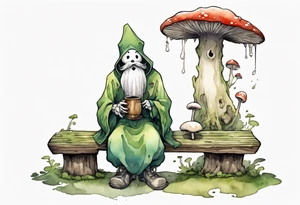 a kodama wearing a mushroom hat and a mossy beard and a medieval tunic drinking from a wood cup, sitting on a bench laughing tattoo idea