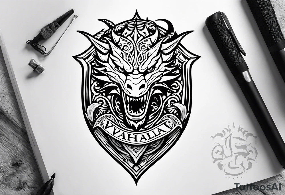 Valhalla sword shield small dragon head tattoo idea