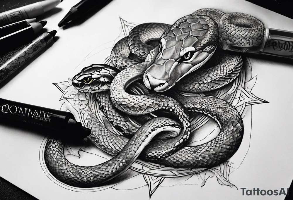 Snakes ans Jesus’s hands with a rosary tattoo idea