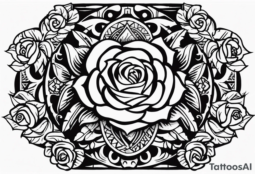 Design a masculine tattoo depicting three delicate rose buds being embraced and protected by a pile of Aztec weapons. The weapons should include elements such as the macuahuitl (Aztec sword-club), obsidian blades, and shields, arranged in a way that forms a protective circle or embrace around the roses. Carve the entire image as if it were a stone sculpture by an ancient Aztec artist, with the texture resembling intricately detailed stone carvings. The roses should be slightly softer but still stylized in stone, giving the entire tattoo a powerful, yet artistic and ancient feel. Use bold, sharp lines to capture the essence of Aztec craftsmanship tattoo idea