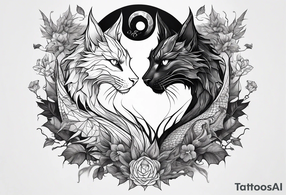 cat and dragon facing each other with nature background tattoo idea