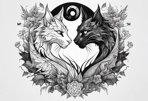 cat and dragon facing each other with nature background tattoo idea